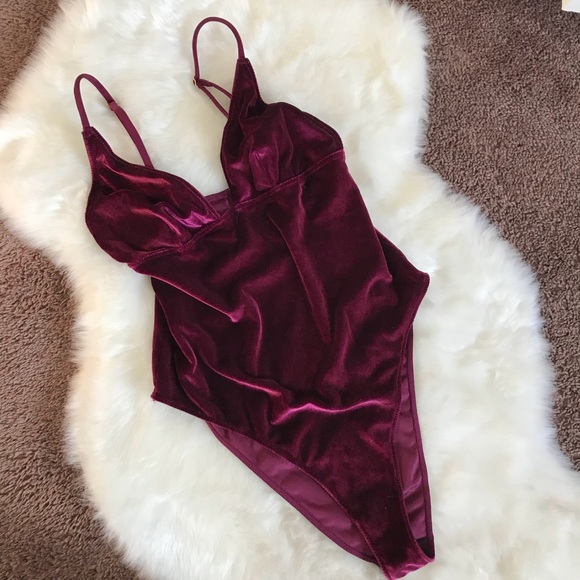 Missguided Tops - Velvet Hi Cut Eggplant Purple Bodysuit